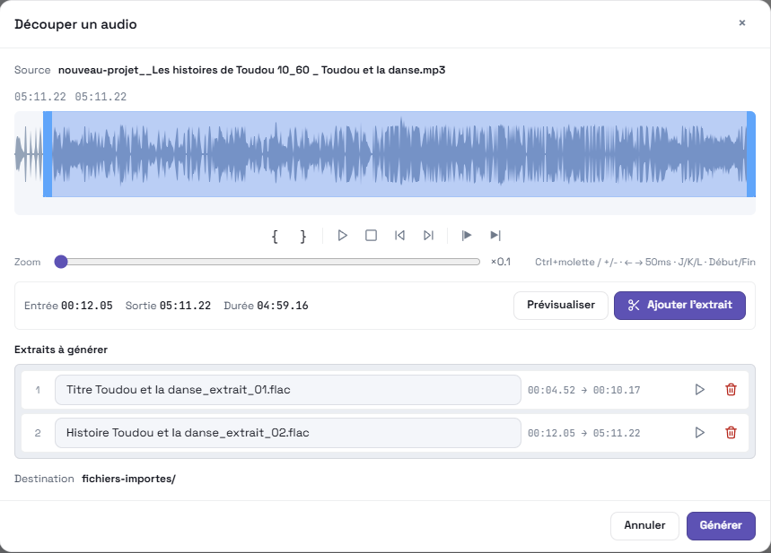 Découpe d'un enregistrement audio en plusieurs extraits
