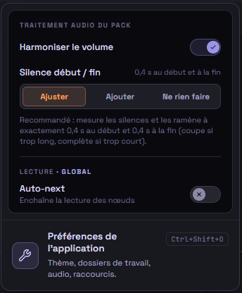 Options de traitement audio et de lecture du pack
